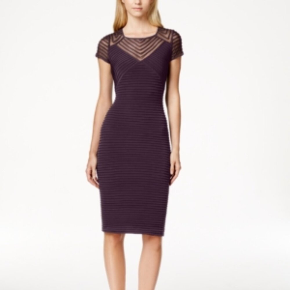 CALVIN KLEIN Striped Cap Sleeve Scoop Neck Illussion Sheath Evening Dress